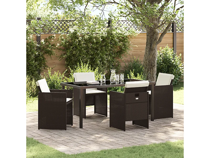 Set da pranzo da giardino 5 pezzi con cuscini in polyrattan marrone