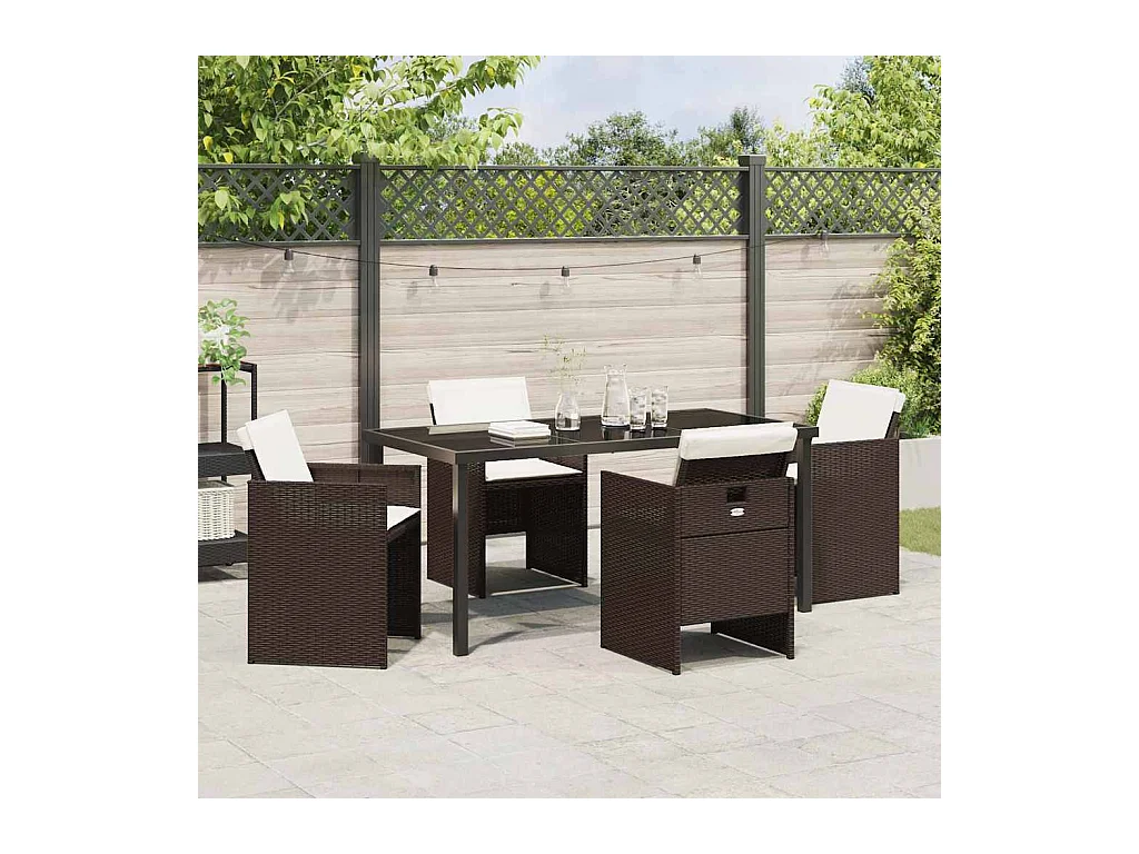 Ensemble de salle à manger de jardin 5 pièces avec coussins en rattan poly brun