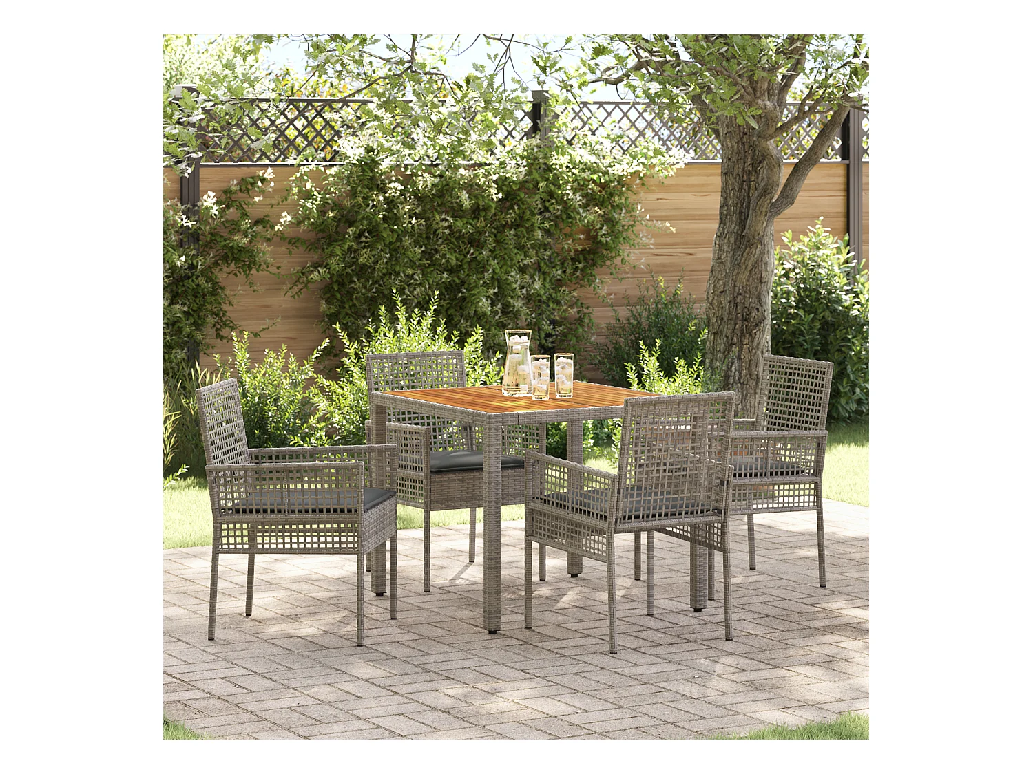 Set da pranzo da giardino da 5 pezzi con cuscini in polyrattan grigio