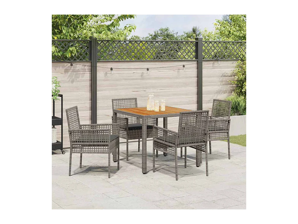 Set da pranzo da giardino da 5 pezzi con cuscini in polyrattan grigio