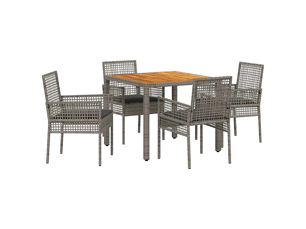 Set de salle à manger de jardin 5 pièces avec coussins gris en poly rattan