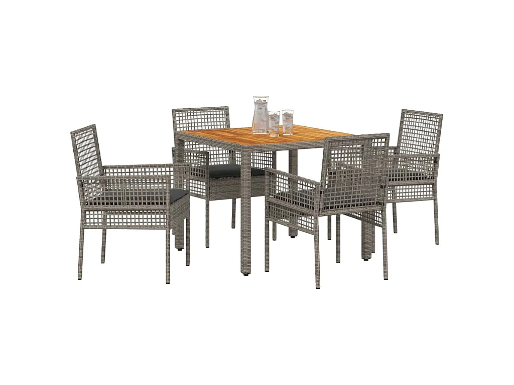 Set de salle à manger de jardin 5 pièces avec coussins gris en poly rattan