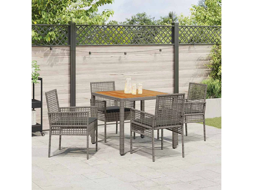 Set de salle à manger de jardin 5 pièces avec coussins gris en poly rattan