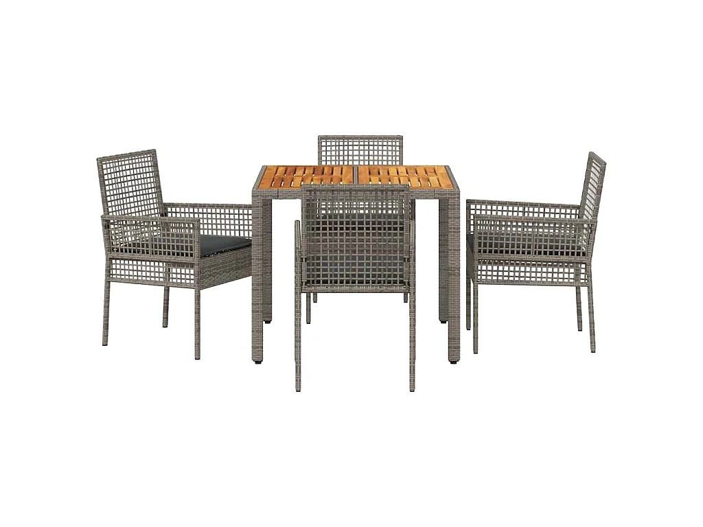 Set de salle à manger de jardin 5 pièces avec coussins gris en poly rattan