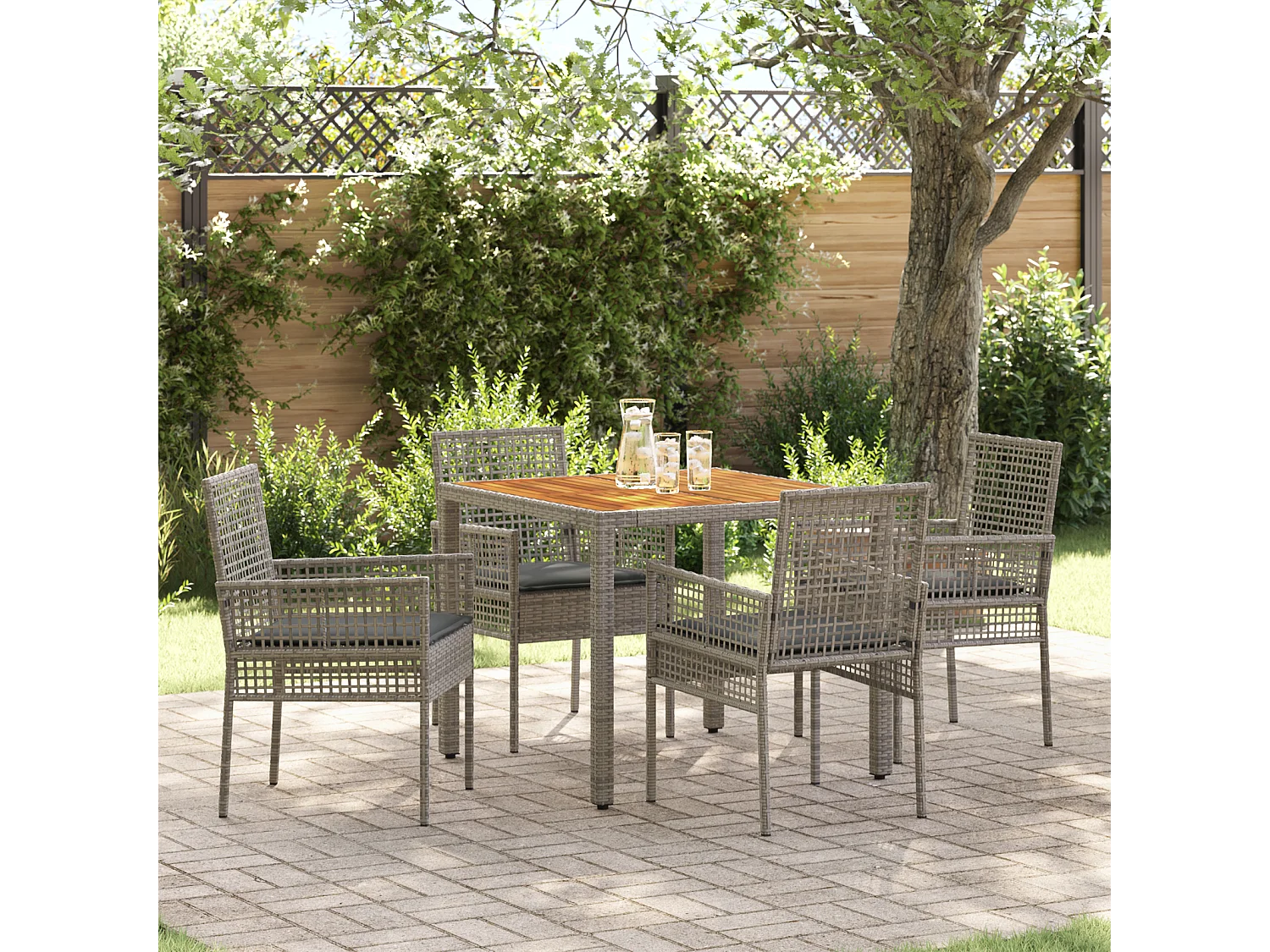 Set da pranzo da giardino da 5 pezzi con cuscini in polyrattan grigio