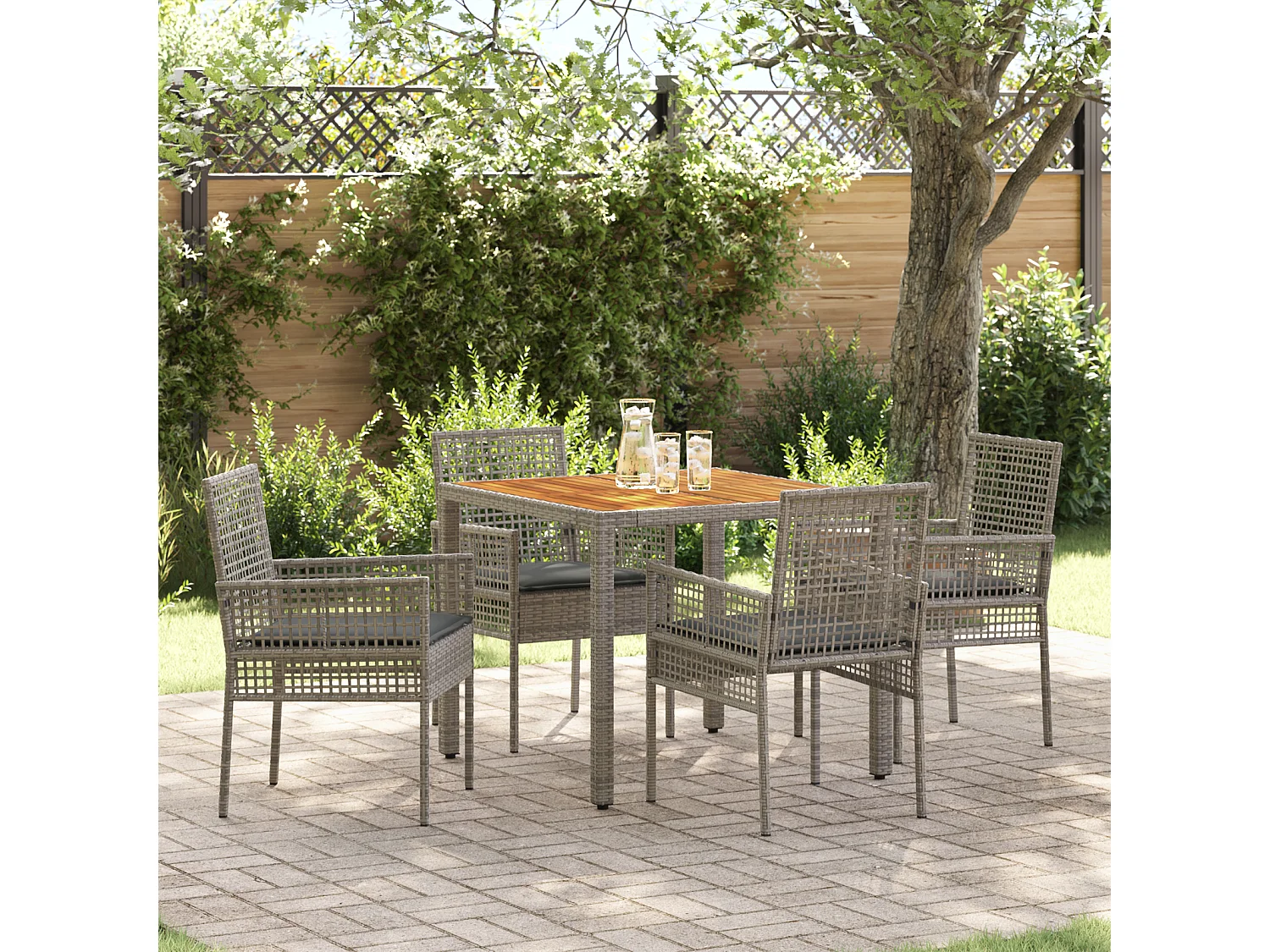 Set de salle à manger de jardin 5 pièces avec coussins gris en poly rattan