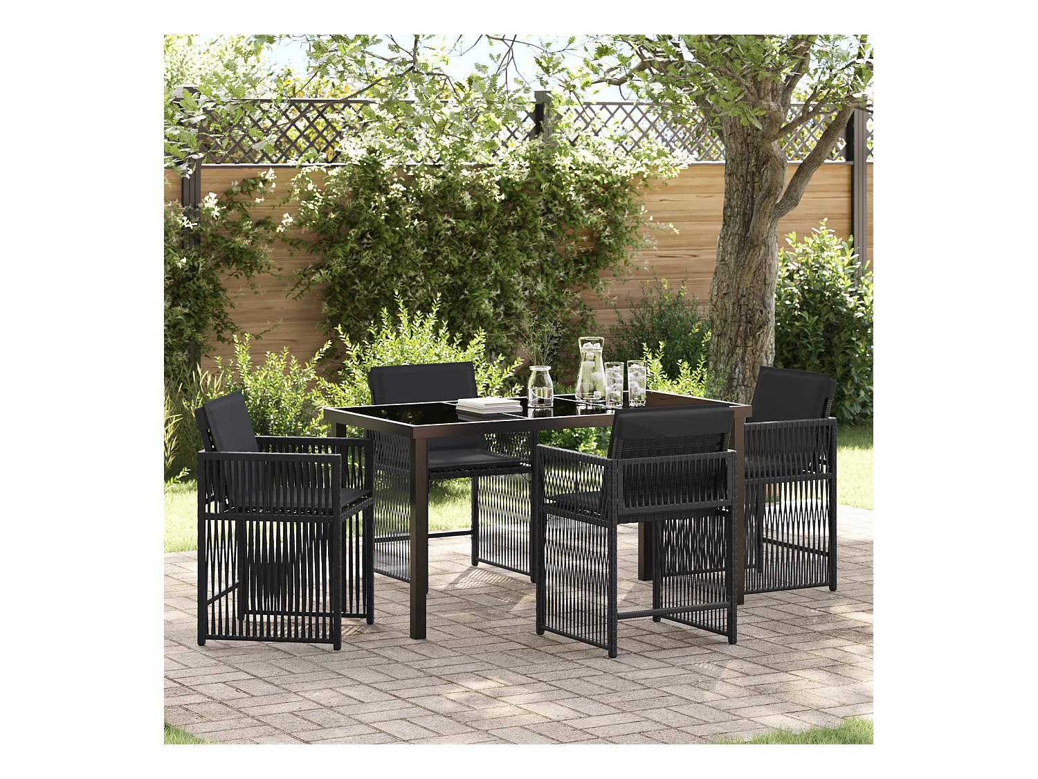 Ensemble de Salle à Manger de Jardin 5 Pièces avec Coussins Noir en Rattan