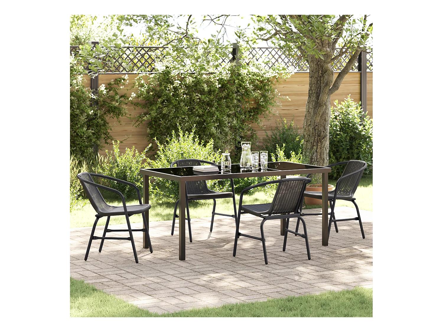 Set da pranzo da giardino in polyrattan nero da 5 pezzi