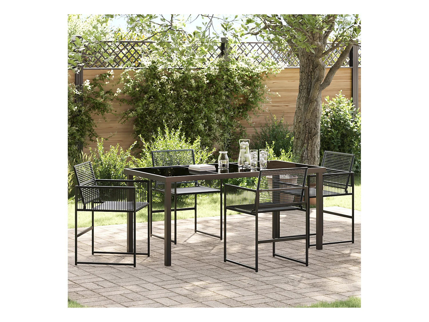 Set da pranzo da giardino da 5 pezzi in polyrattan nero