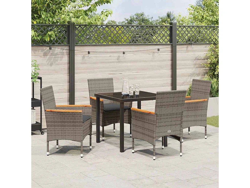 Juego de comedor de jardín de 5 piezas con cojines de ratán sintético gris