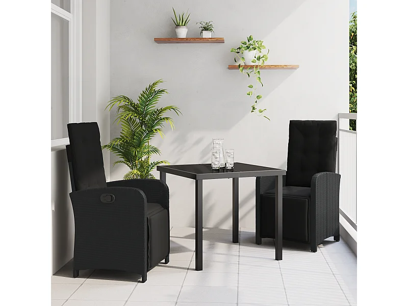 Ensemble de Salle à Manger de Jardin de 3 Pièces avec Coussins en Poly Rattan Noir