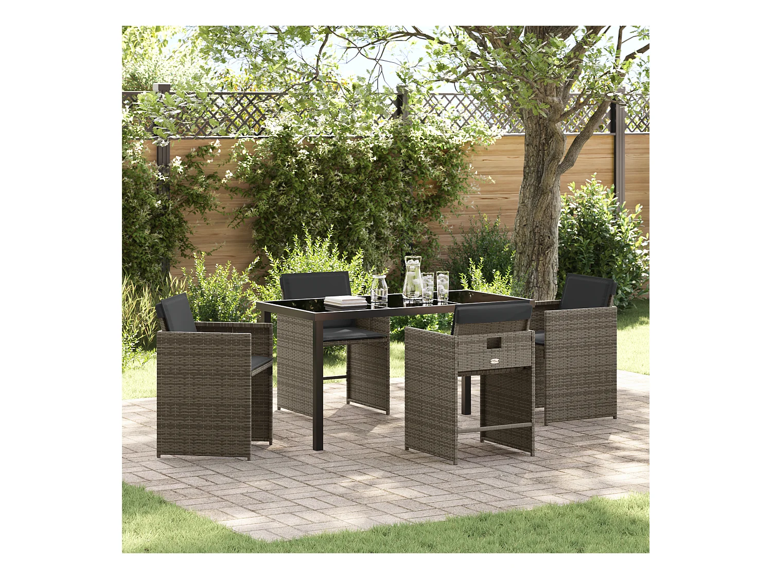 Set da pranzo da giardino 5 pezzi con cuscini grigi in polyrattan