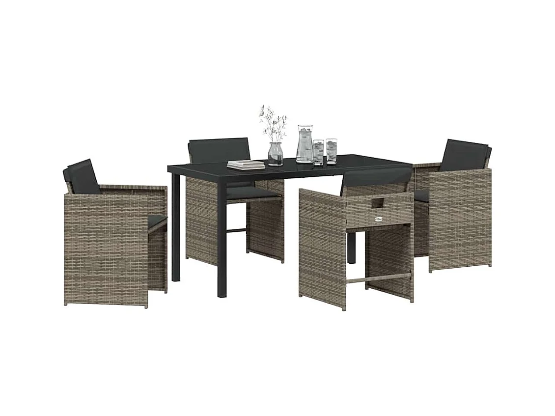 Set da pranzo da giardino 5 pezzi con cuscini grigi in polyrattan