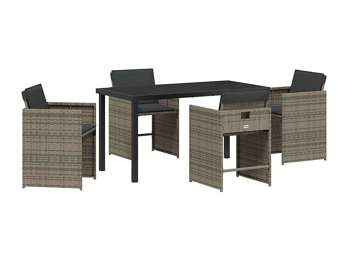 Ensemble de salle à manger de jardin 5 pièces avec coussins gris en poly rotin