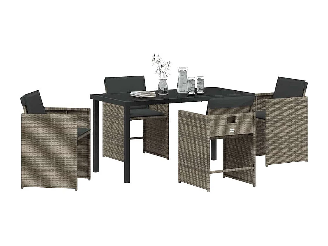 Ensemble de salle à manger de jardin 5 pièces avec coussins gris en poly rotin