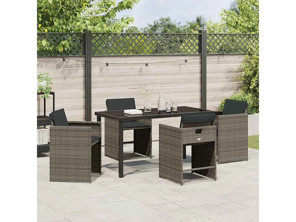 5-teiliges Garten-Essset mit grauen Kissen aus Polyrattan