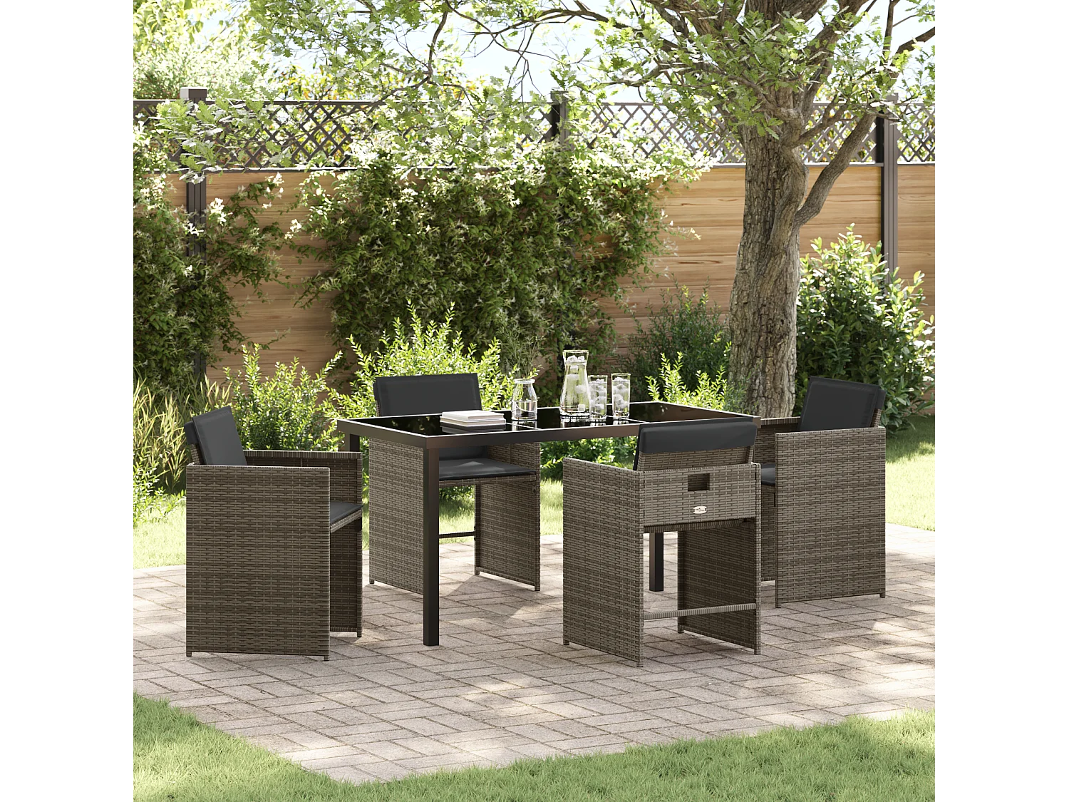 Ensemble de salle à manger de jardin 5 pièces avec coussins gris en poly rotin