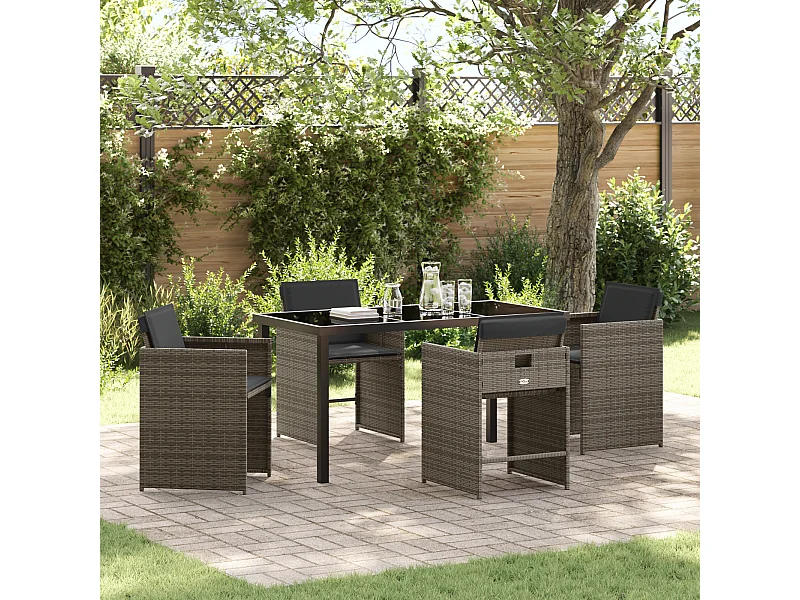 Ensemble de salle à manger de jardin 5 pièces avec coussins gris en poly rotin