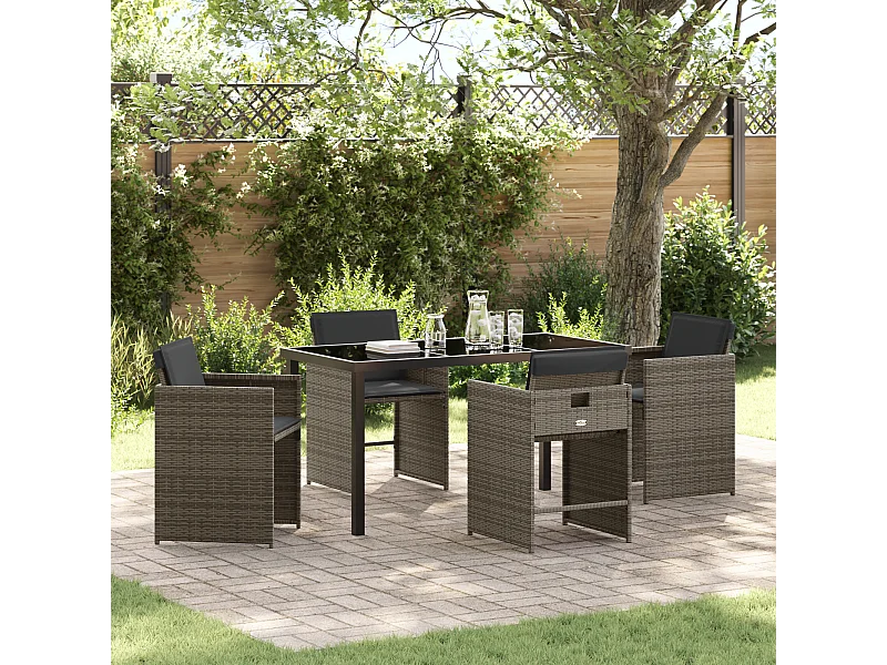 Ensemble de salle à manger de jardin 5 pièces avec coussins gris en poly rotin