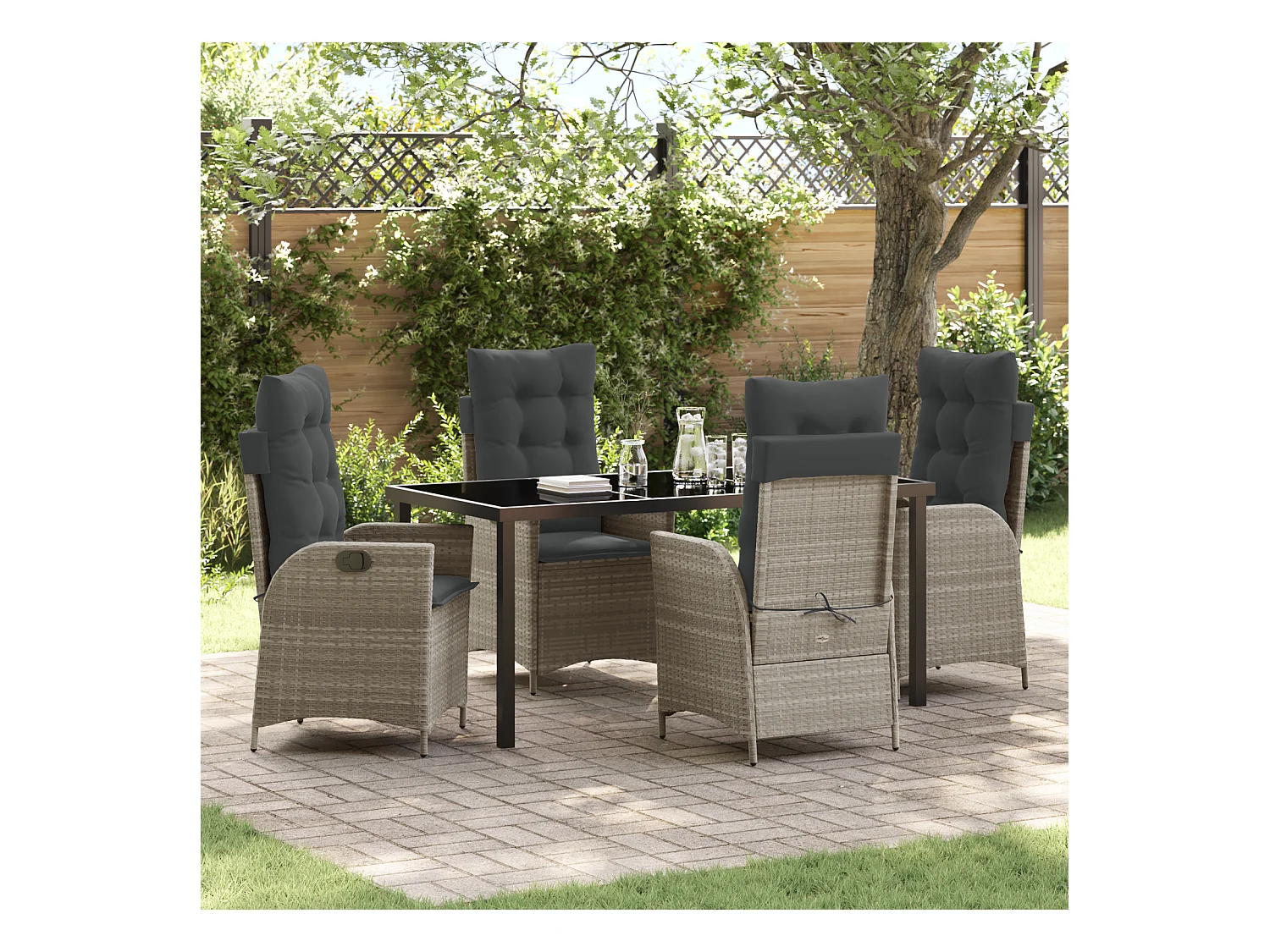 5-teiliges Garten-Ess-Set mit Kissen, hellgrau, Polyrattan