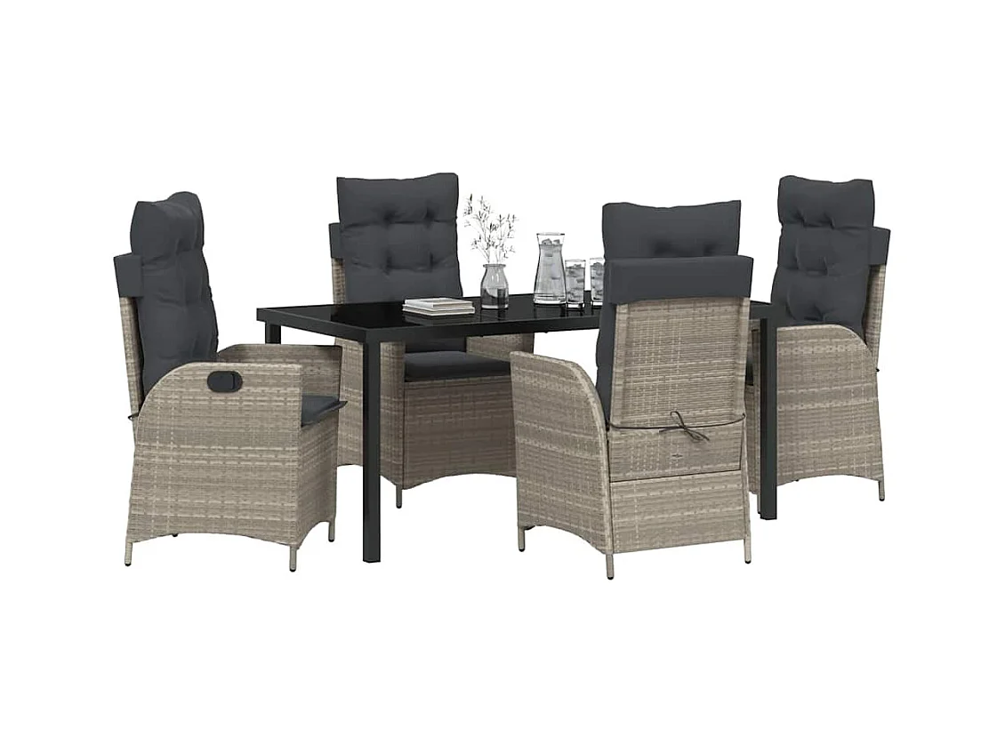 5-teiliges Garten-Ess-Set mit Kissen, hellgrau, Polyrattan