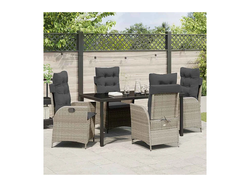 5-teiliges Garten-Ess-Set mit Kissen, hellgrau, Polyrattan