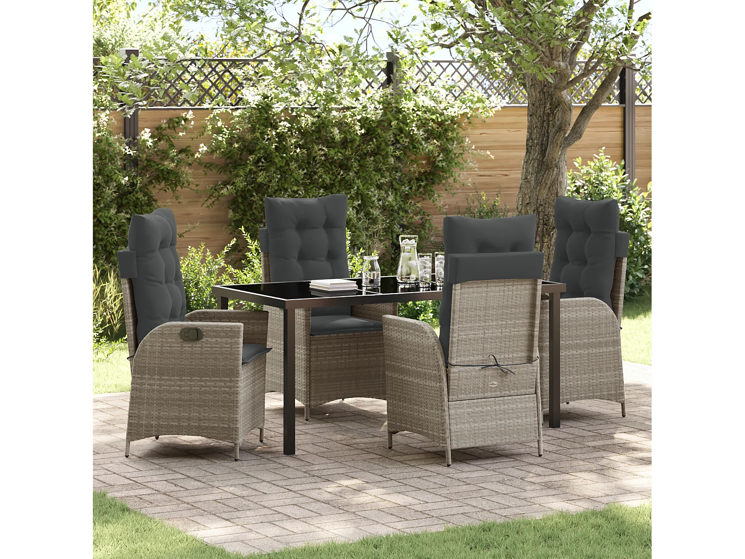 Ensemble de salle à manger de jardin 5 pièces avec coussins Gris clair Poly Rattan