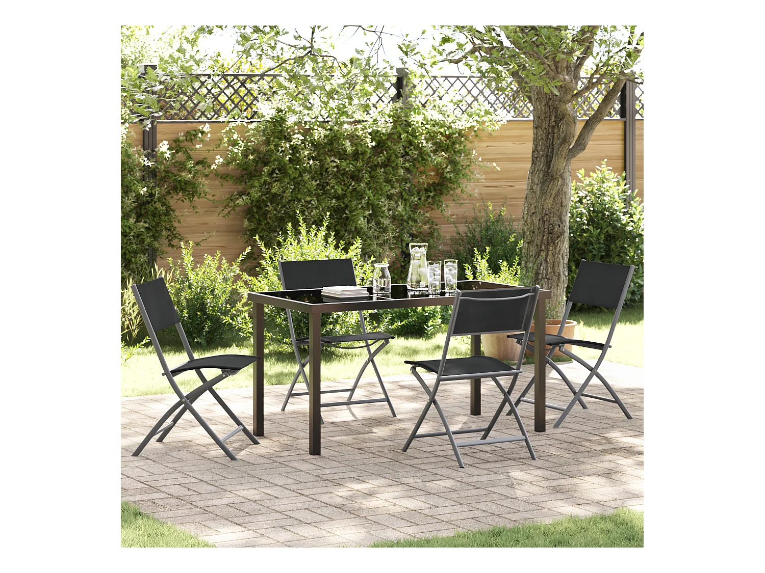 Set da pranzo da giardino in textilene e acciaio nero da 5 pezzi