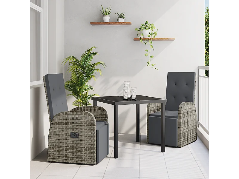 Set da pranzo da giardino 3 pezzi con cuscini in polyrattan grigio