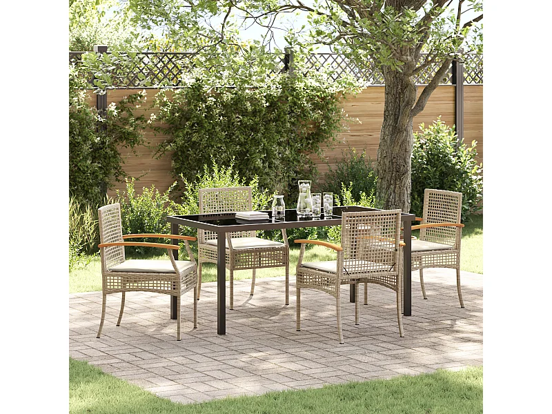 Set da pranzo da giardino 5 pezzi con cuscini beige in polyrattan