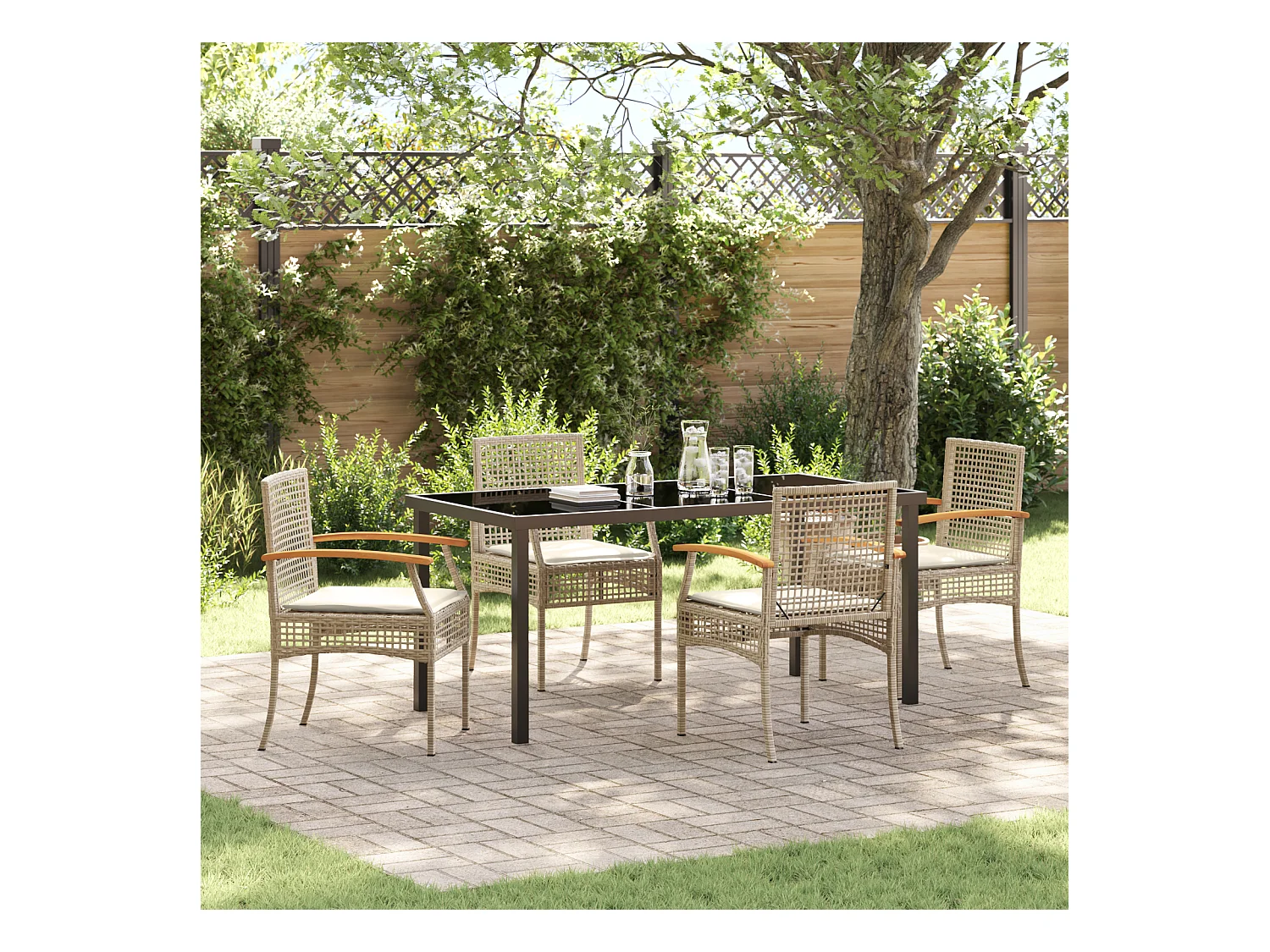 Ensemble de salle à manger de jardin 5 pièces avec coussins beige en rotin poly