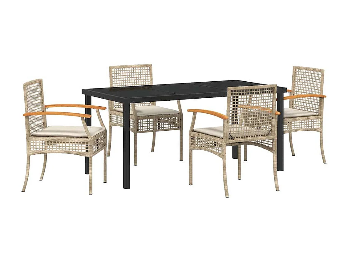 Juego de comedor de jardín de 5 piezas con cojines beige en ratán sintético