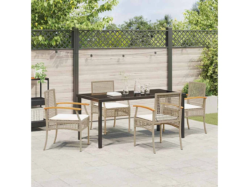 Juego de comedor de jardín de 5 piezas con cojines beige en ratán sintético