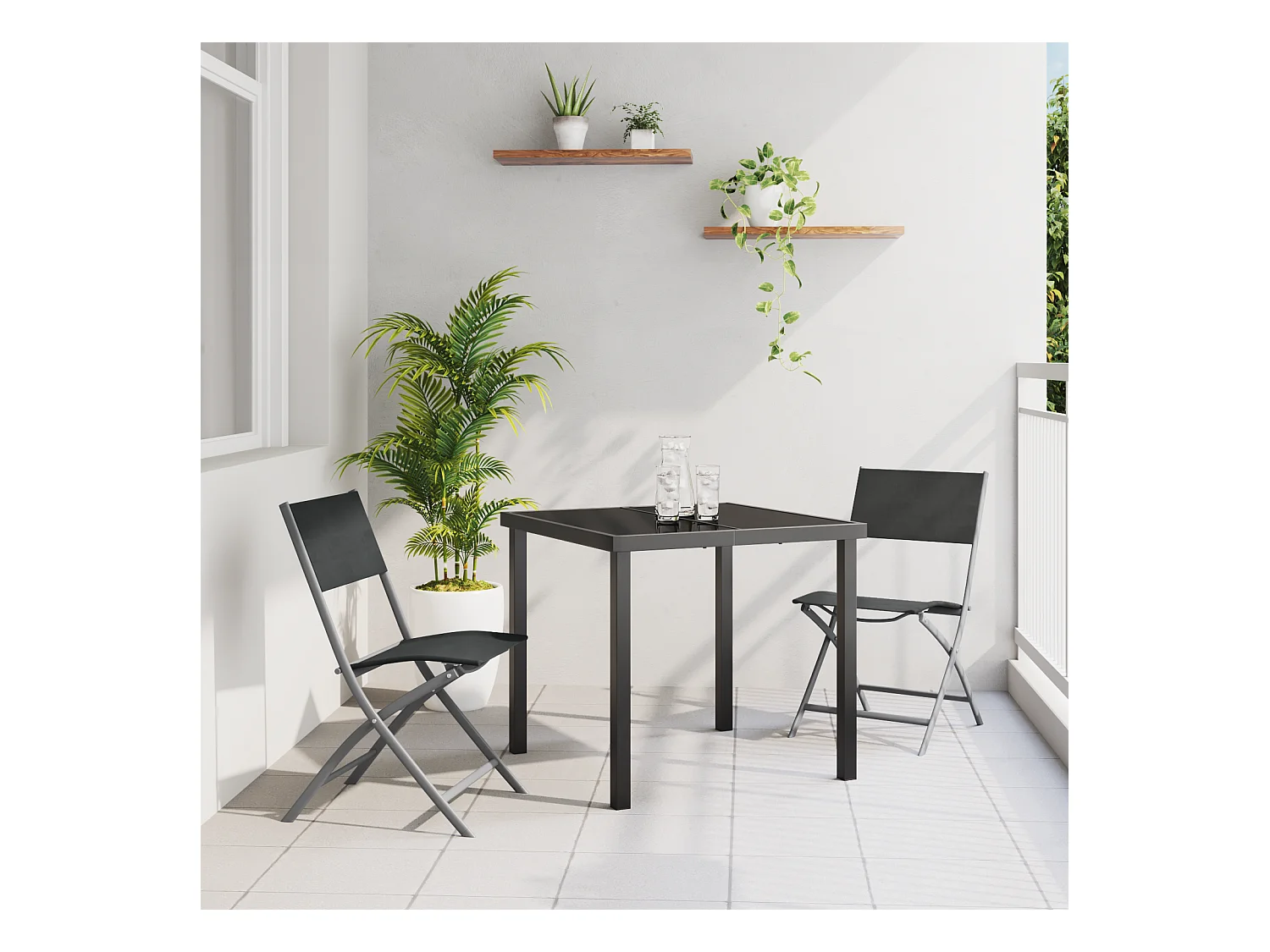 Set da pranzo da giardino 3 pezzi in textilene nero e acciaio