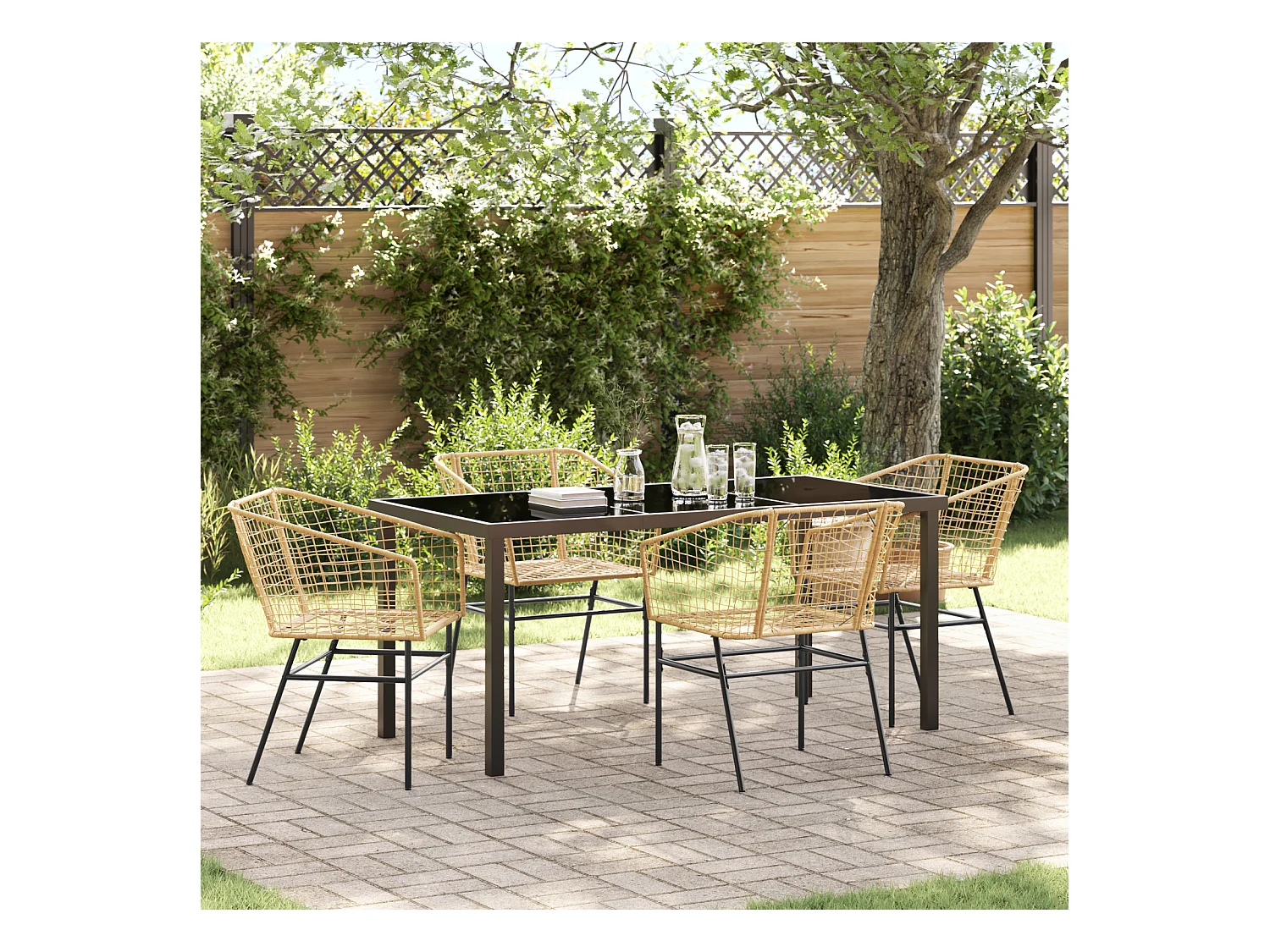 Set da pranzo da giardino in polyrattan marrone da 5 pezzi