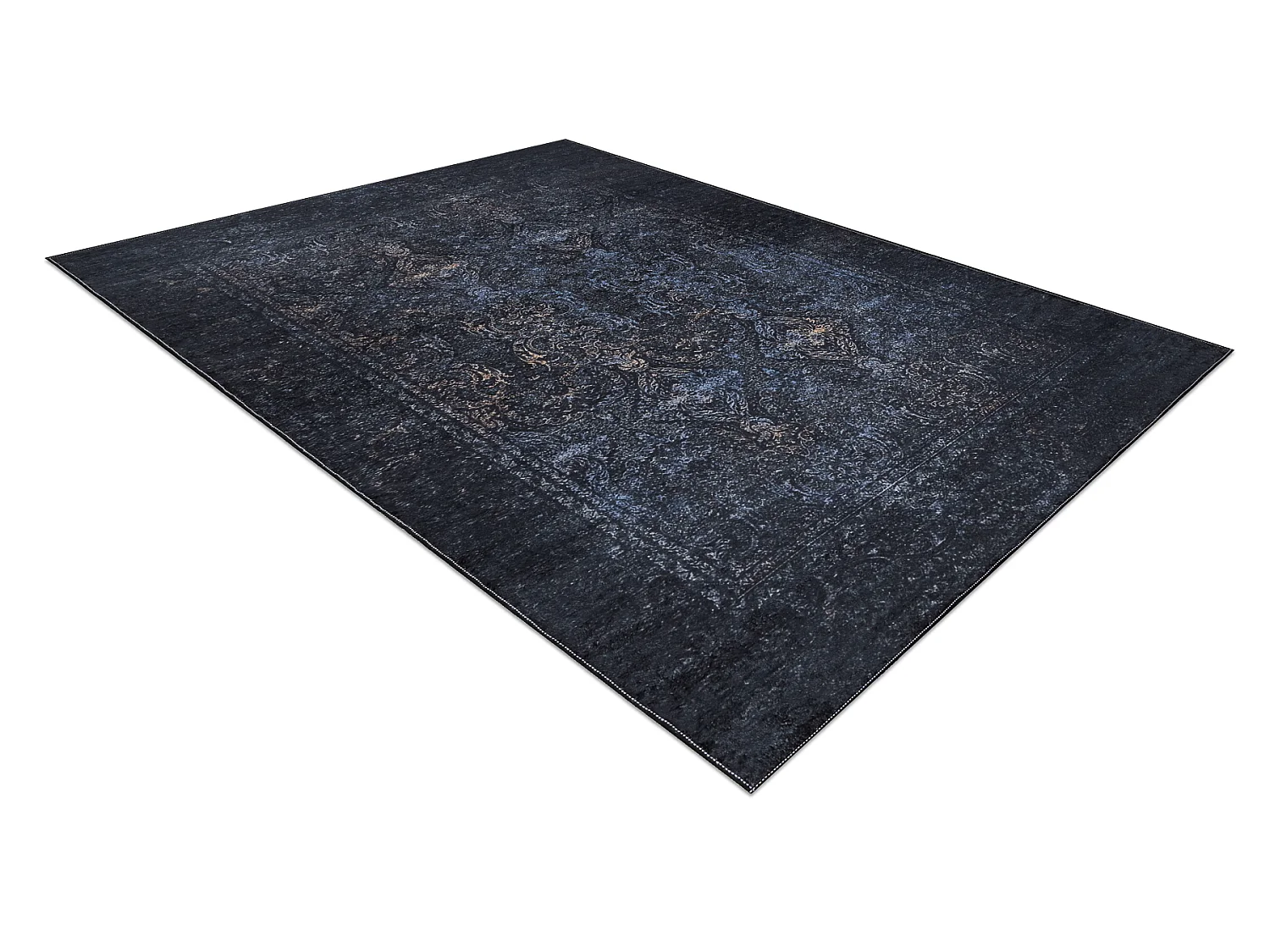 ANDRE 1058 tapijt wasbaar Ornament, vintage antislip - zwart / blauw  80x150 cm