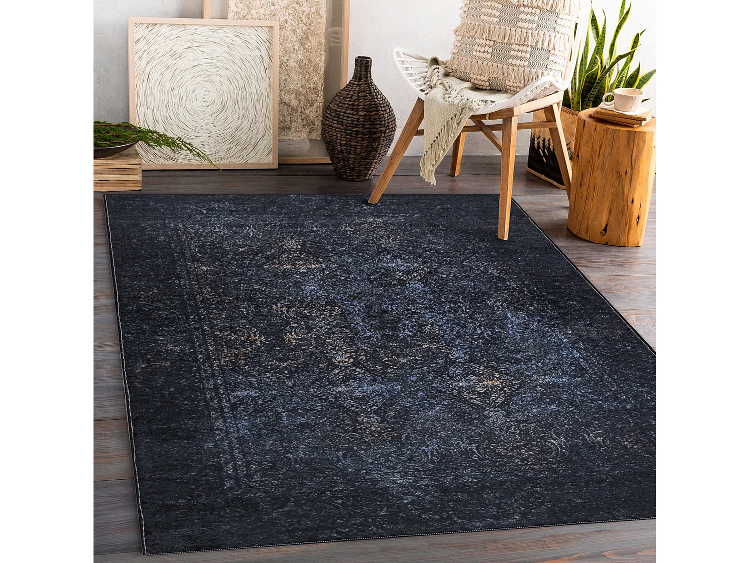 ANDRE 1058 tapijt wasbaar Ornament, vintage antislip - zwart / blauw  80x150 cm