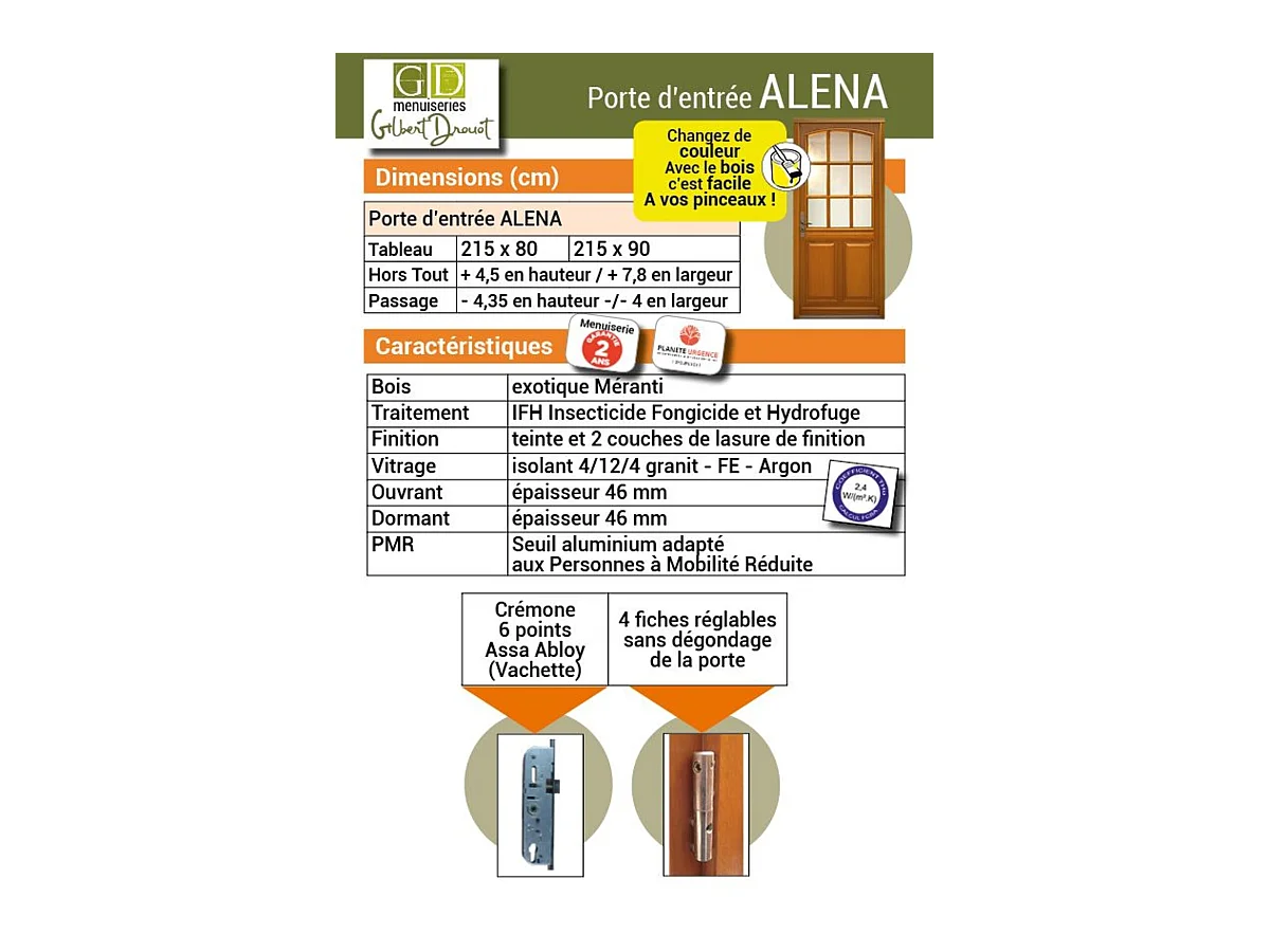 Porte d'entree Bois vitree, Alena, H,215xl,80  p, droit Cotes Tableau