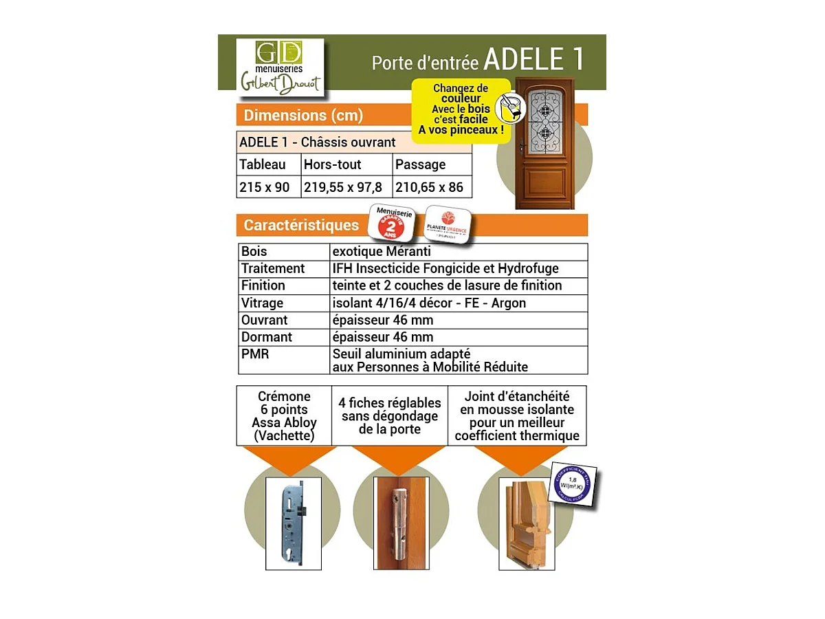 Porte d'entree Bois vitree, Adele, H,215xl,90  p, droit Cotes Tableau