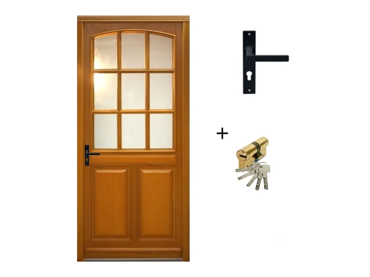 Porte d'entree Bois vitree, Alena, H,215xl,80  p, droit + Poignee Et Barillet ( ref 010723NO) Cotes Tableau
