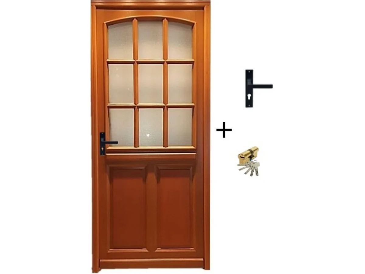 Porte d'entree Bois vitree, Alena, H,215xl,80  p, droit + Poignee Et Barillet ( ref 010723NO) Cotes Tableau