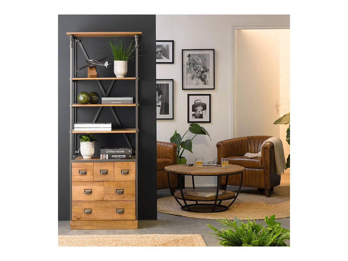 Petite bibliothèque en métal et bois de manguier Marcel