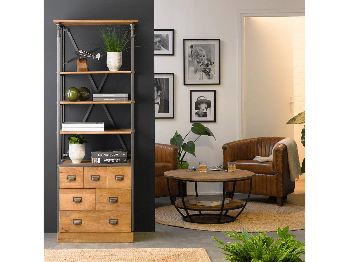 Petite bibliothèque en métal et bois de manguier Marcel