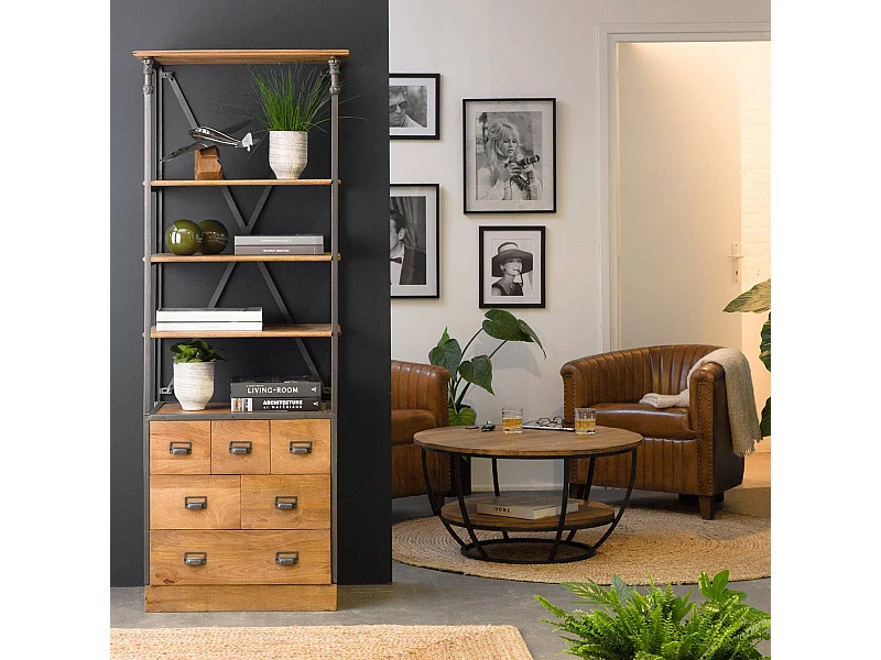 Petite bibliothèque en métal et bois de manguier Marcel