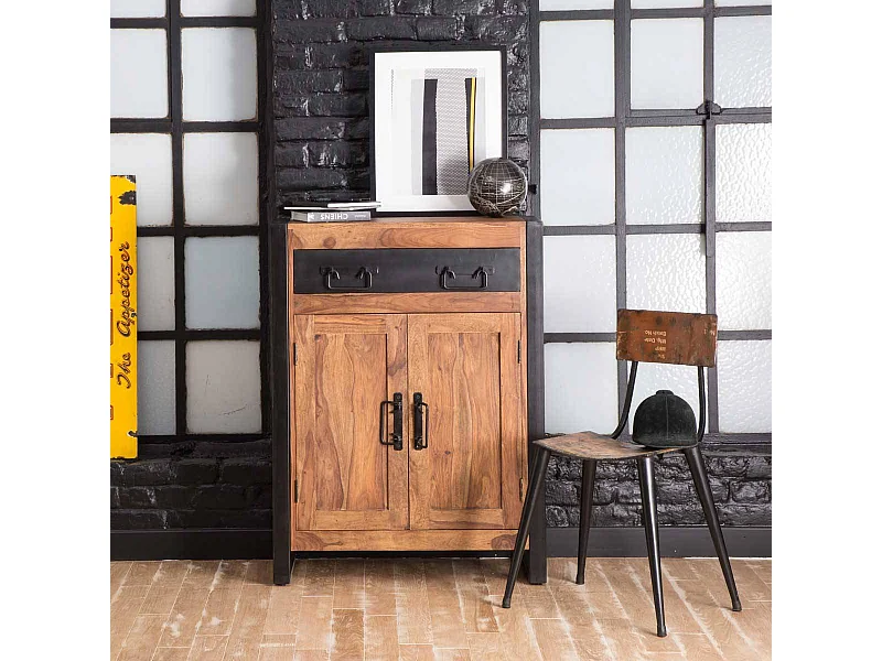 Buffet industrial de madera de acacia de 80 cm con cajón y puertas de almacenamiento - Colección HAVANA