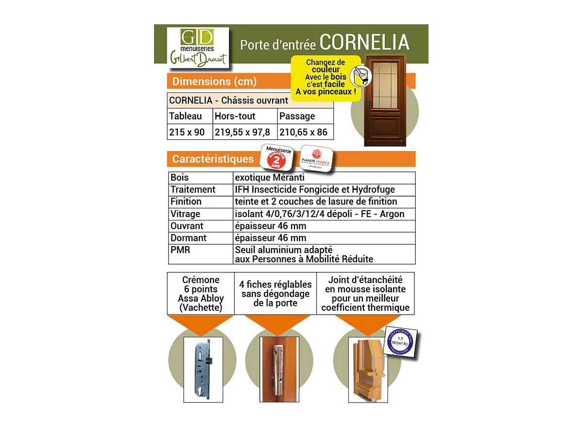 Porte d'entree Bois vitree, Cornelia, H,215xl,90  p, droit Cote Tableau