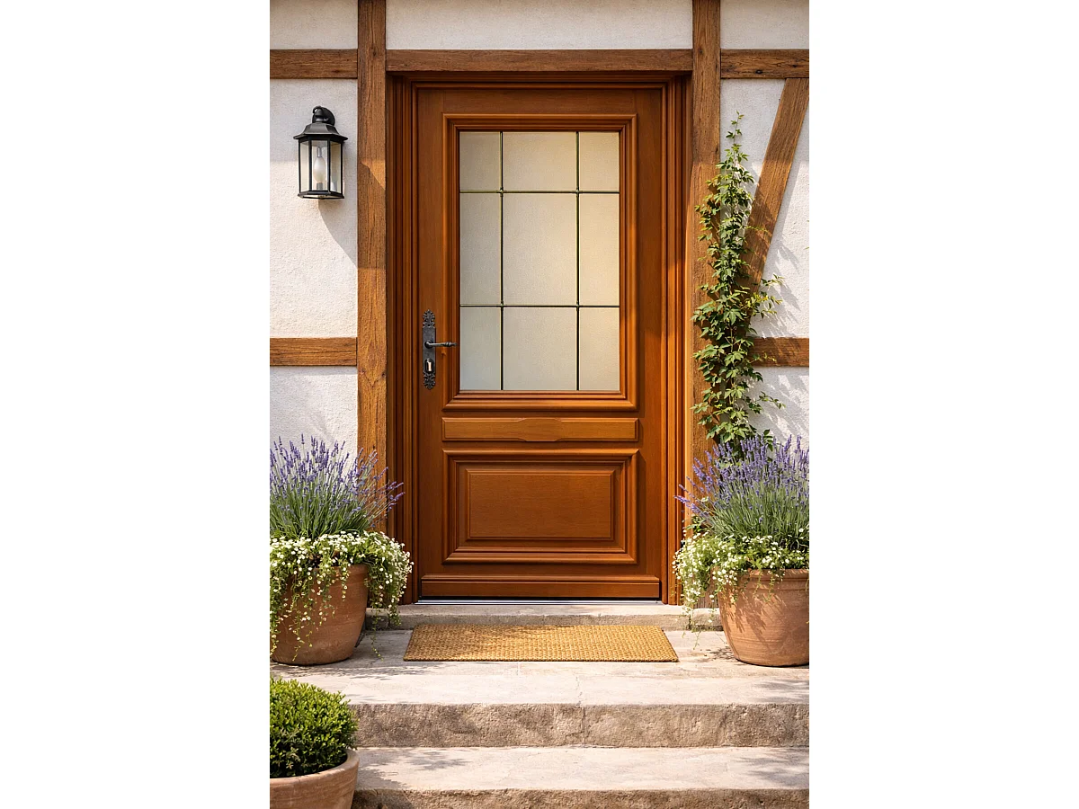 Porte D'entrée Bois Vitrée Cornelia, H215 X L90 Cm Côte Tableau, P.droit Gd Menuiseries