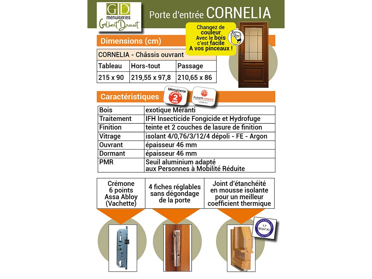 Porte D'entrée Bois Vitrée Cornelia, H215 X L90 Cm Côte Tableau, P.droit Gd Menuiseries