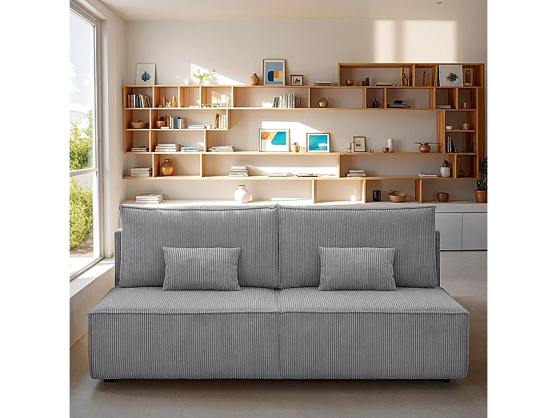Canapé convertible 3 places avec coffre de rangement en velours côtelé gris clair - Milla