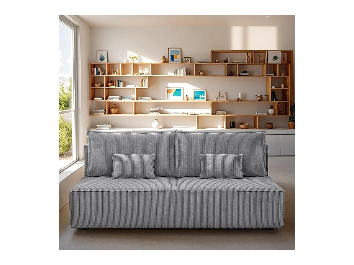 Canapé convertible 3 places avec coffre de rangement en velours côtelé gris clair - Milla